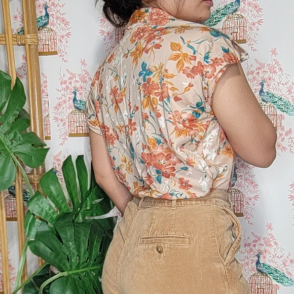 Vintage Floral 90's Shorts Cap Sleeved Button Down Floral Print Shirt - Picture 6 of 6